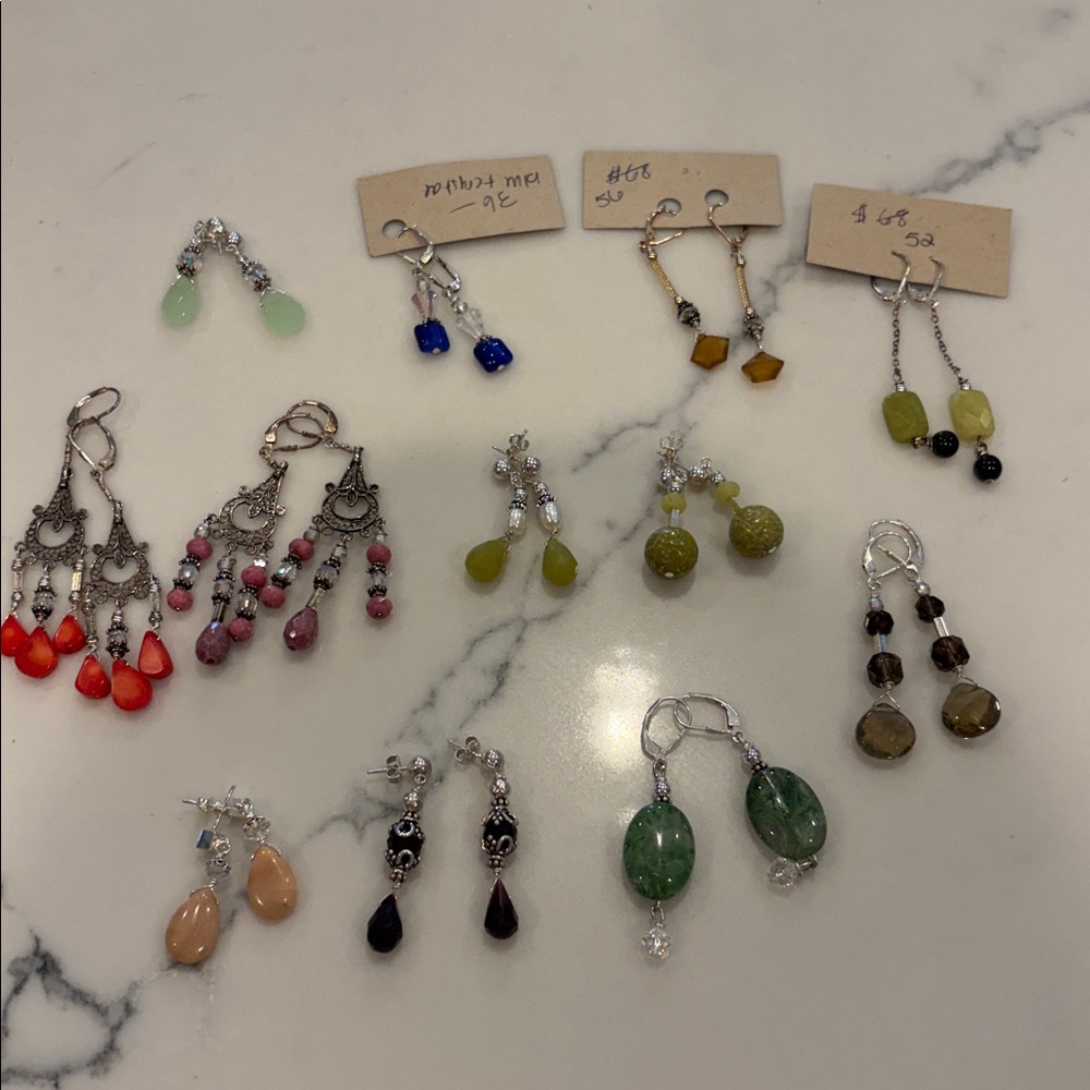 NEW 12 pair Multicolor Dangle Earrings, Sterling, Crystal, semi precious stone